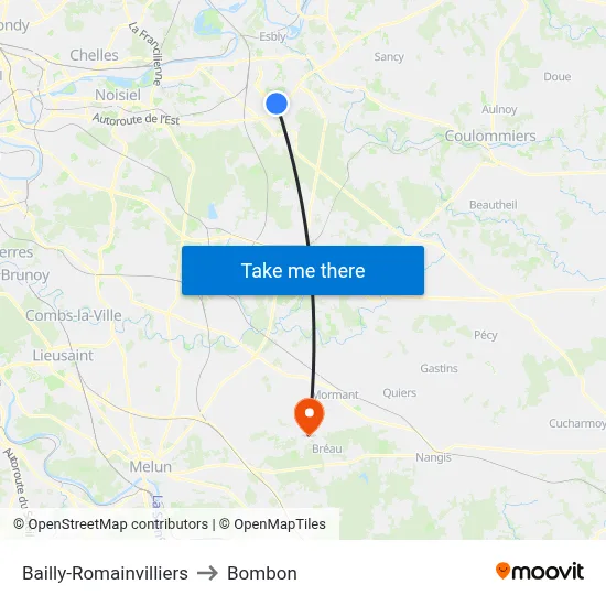 Bailly-Romainvilliers to Bombon map