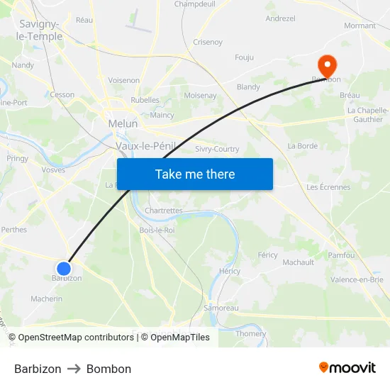 Barbizon to Bombon map