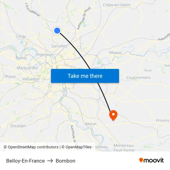 Belloy-En-France to Bombon map