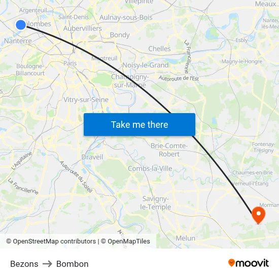 Bezons to Bombon map