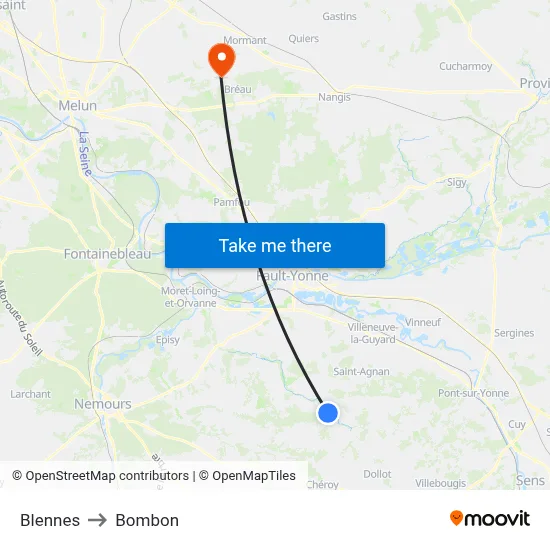 Blennes to Bombon map