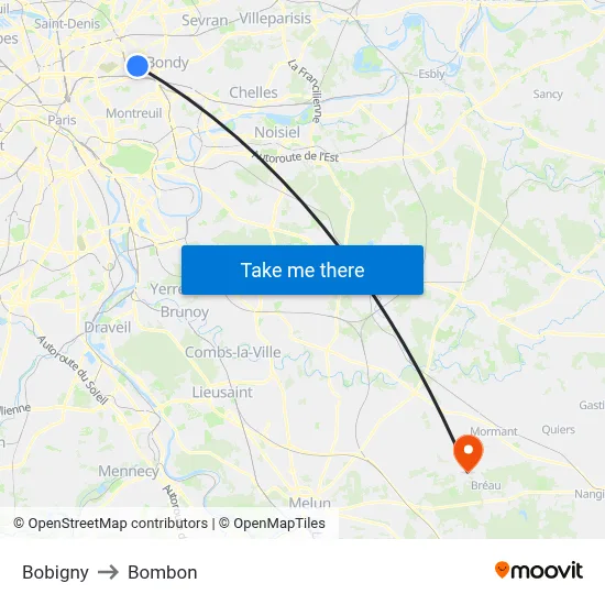 Bobigny to Bombon map