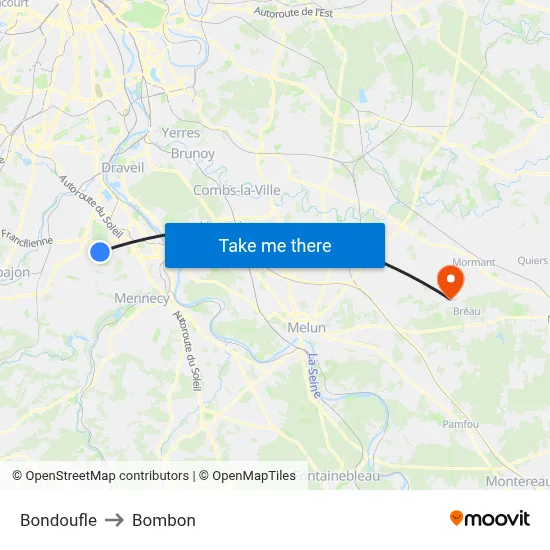 Bondoufle to Bombon map