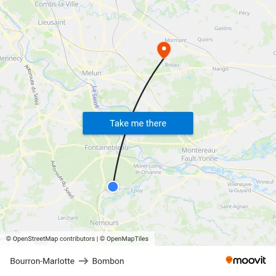 Bourron-Marlotte to Bombon map