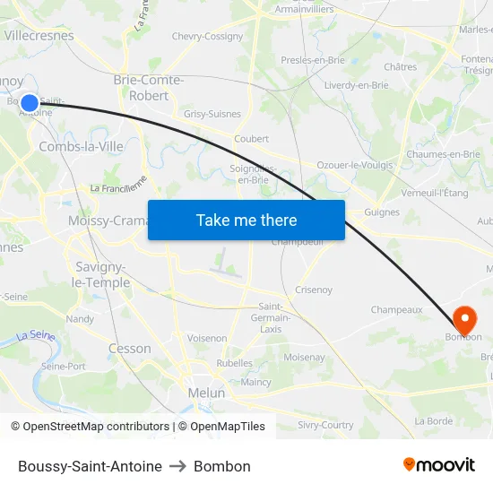 Boussy-Saint-Antoine to Bombon map