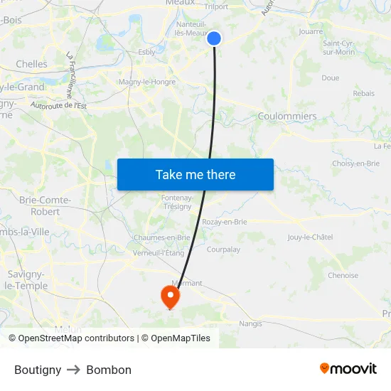 Boutigny to Bombon map