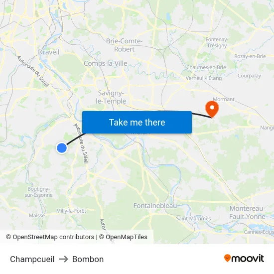 Champcueil to Bombon map