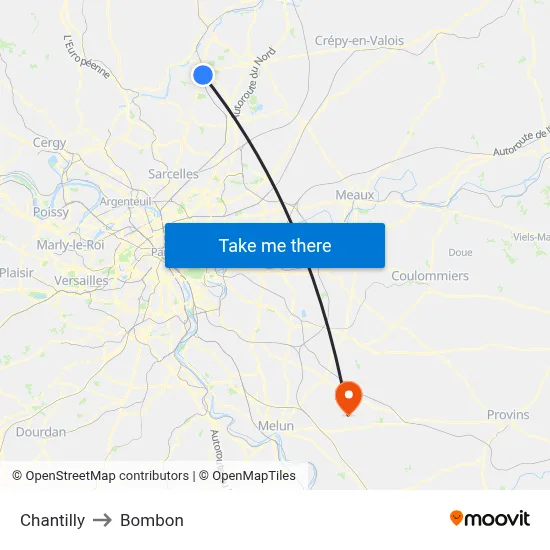 Chantilly to Bombon map