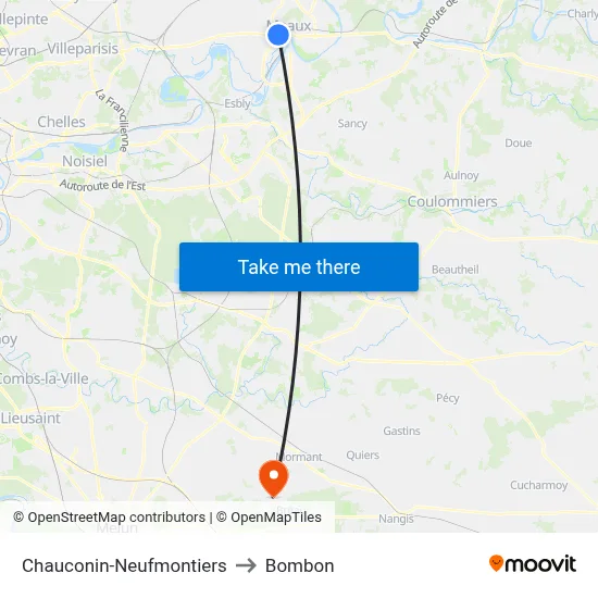 Chauconin-Neufmontiers to Bombon map