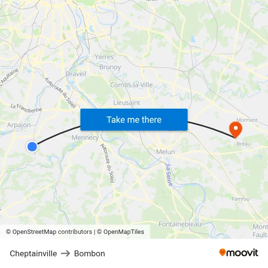 Cheptainville to Bombon map