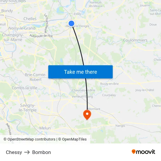 Chessy to Bombon map