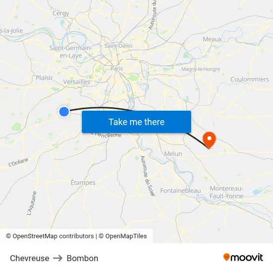Chevreuse to Bombon map