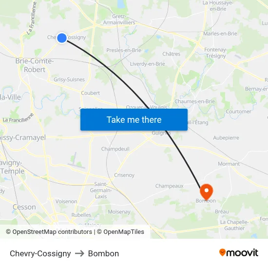 Chevry-Cossigny to Bombon map