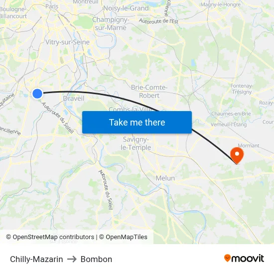 Chilly-Mazarin to Bombon map