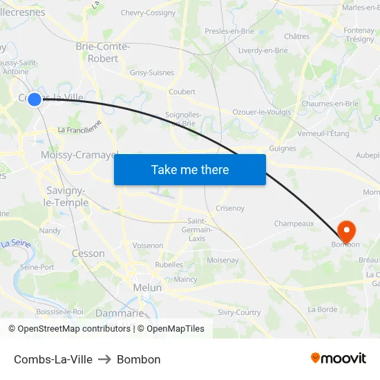 Combs-La-Ville to Bombon map