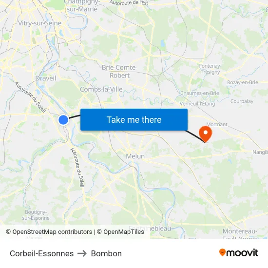 Corbeil-Essonnes to Bombon map