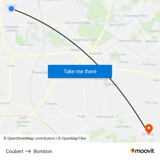 Coubert to Bombon map