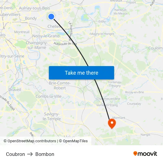 Coubron to Bombon map