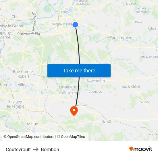 Coutevroult to Bombon map