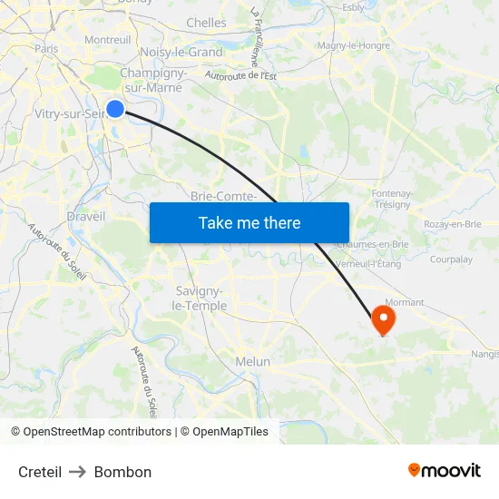 Creteil to Bombon map