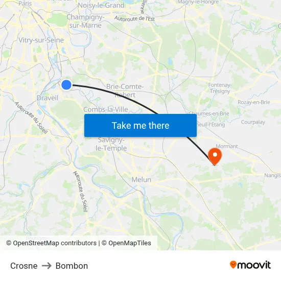 Crosne to Bombon map