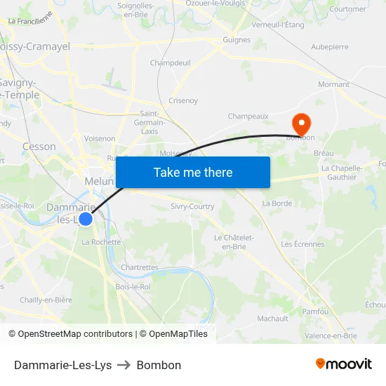 Dammarie-Les-Lys to Bombon map