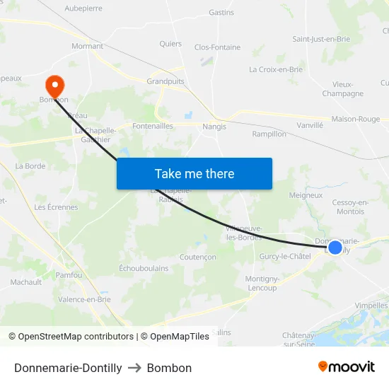 Donnemarie-Dontilly to Bombon map