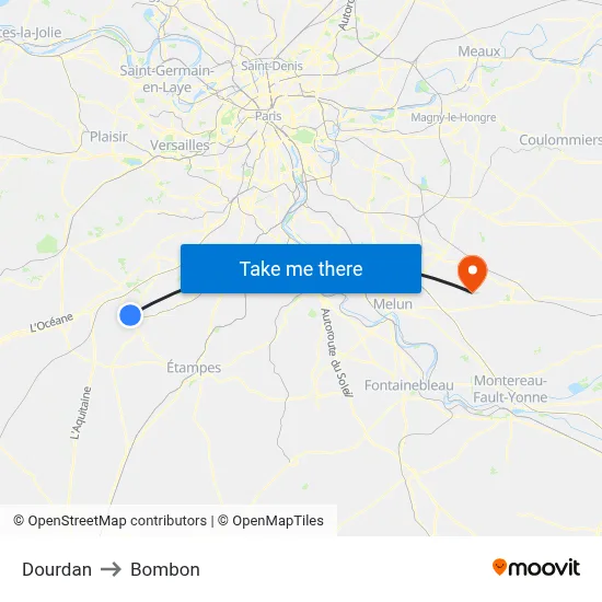 Dourdan to Bombon map