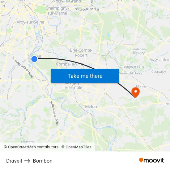 Draveil to Bombon map