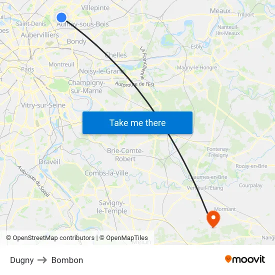 Dugny to Bombon map