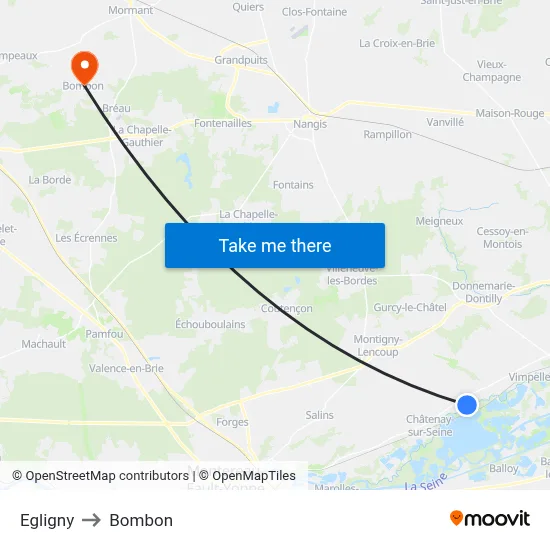 Egligny to Bombon map