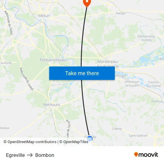 Egreville to Bombon map