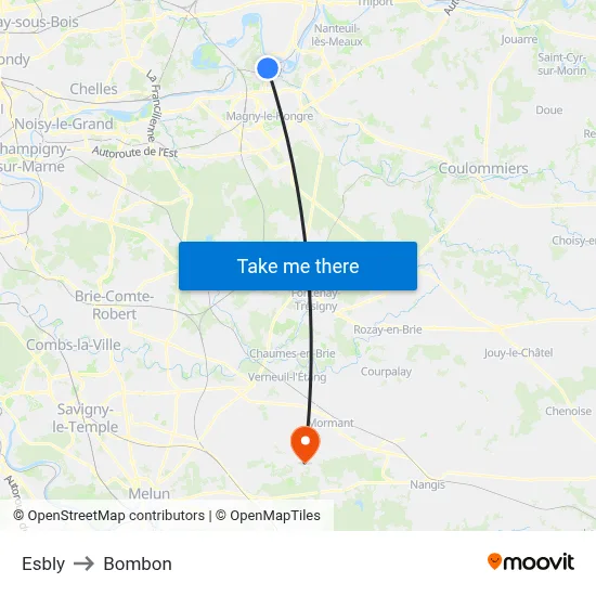 Esbly to Bombon map