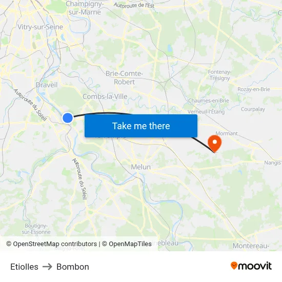 Etiolles to Bombon map