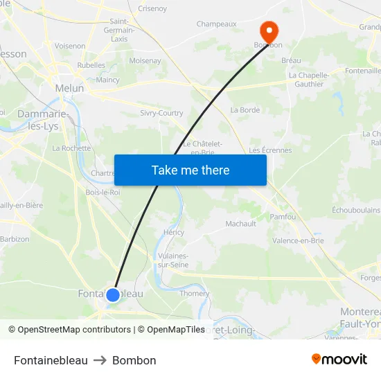 Fontainebleau to Bombon map