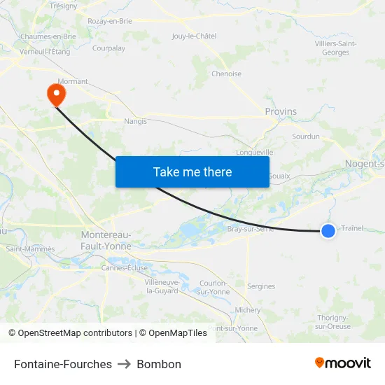 Fontaine-Fourches to Bombon map