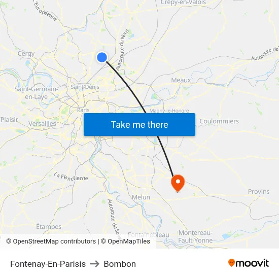 Fontenay-En-Parisis to Bombon map
