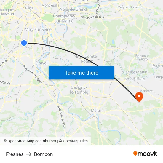 Fresnes to Bombon map