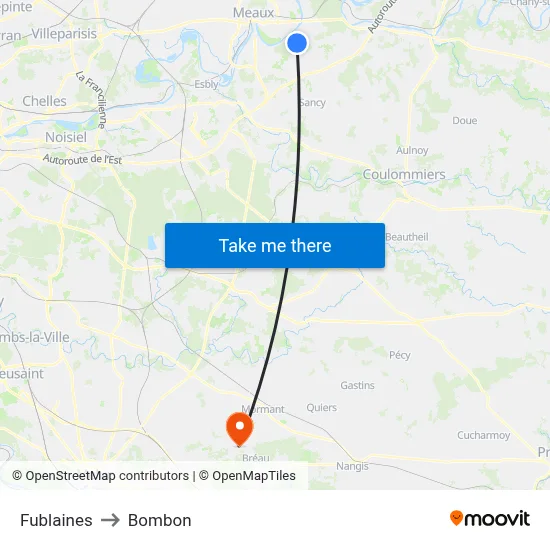 Fublaines to Bombon map