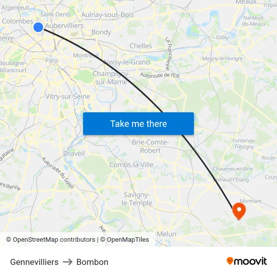 Gennevilliers to Bombon map