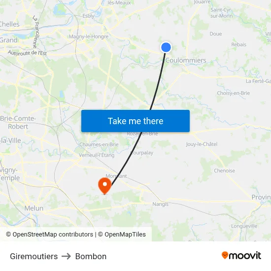 Giremoutiers to Bombon map