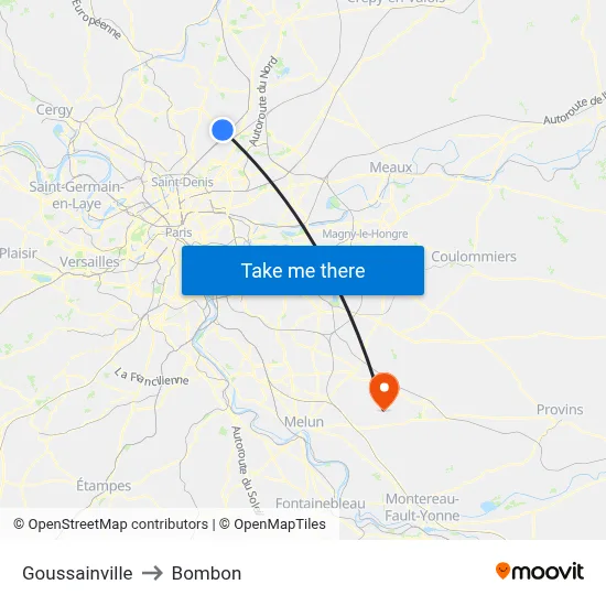 Goussainville to Bombon map