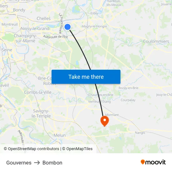 Gouvernes to Bombon map