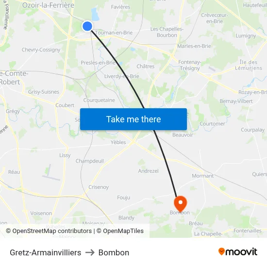 Gretz-Armainvilliers to Bombon map