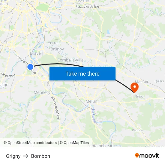 Grigny to Bombon map