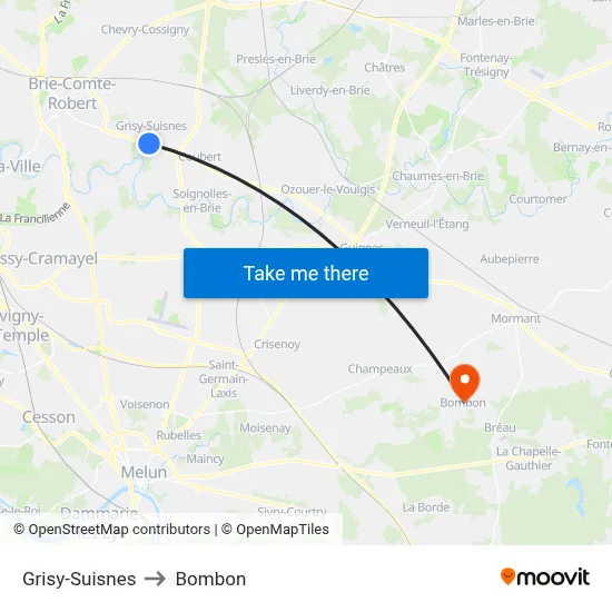 Grisy-Suisnes to Bombon map