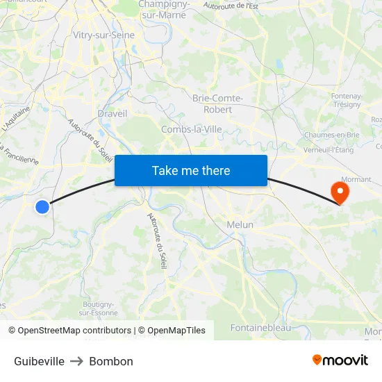 Guibeville to Bombon map