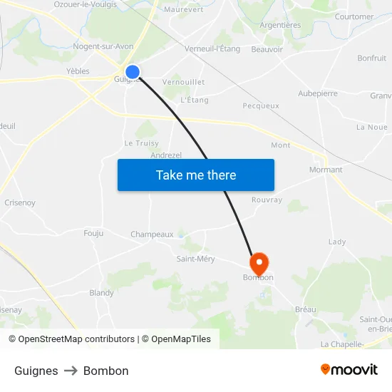 Guignes to Bombon map