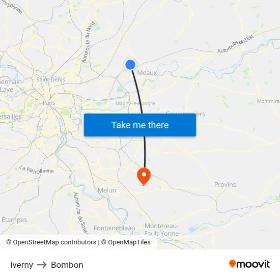 Iverny to Bombon map
