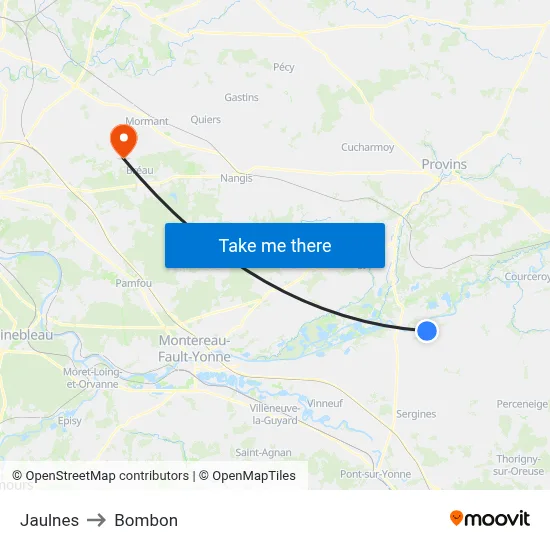 Jaulnes to Bombon map
